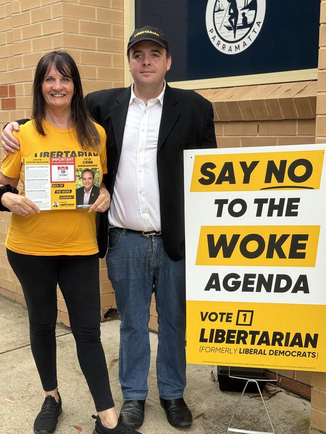 Libertarian party member Connie Harvey with party candidate for Epping Rob Cribb. Picture: Amaani Siddeek