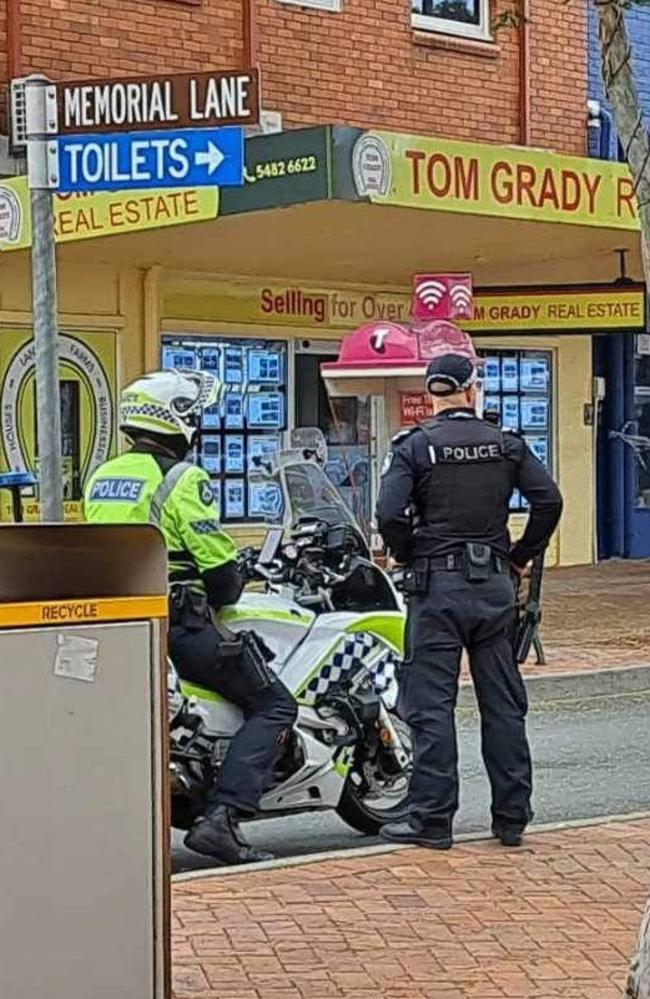 Police blocked traffic access to Mary St Sunday morning and cordoned off an area outside Toyworld, Twiga Books, and Tom Grady Real Estate as they investigated the alleged assault.