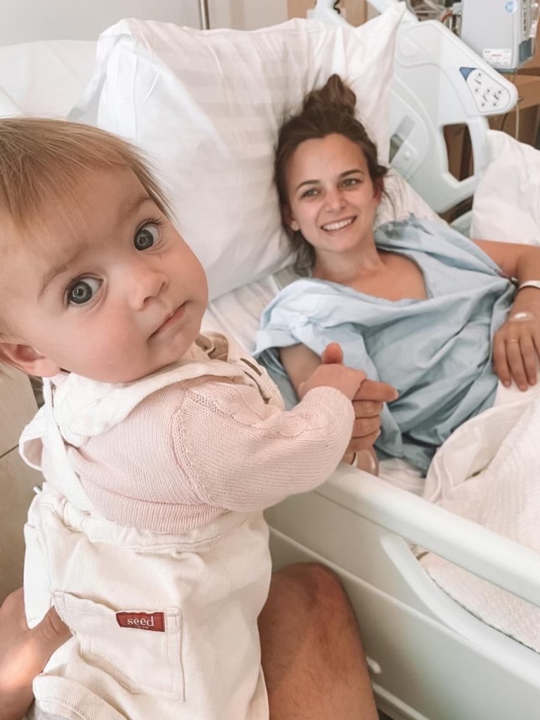 Kellie with daughter Sophia in hospital ... she was diagnosed with bowel cancer aged just 25. Picture: Supplied