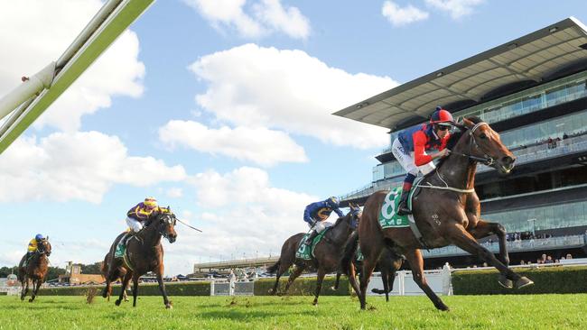 Hugh Bowman rides Sir Elton to victory at The Everest Carnival Handicap, Randwick Racecourse, Sydney on July 6. Picture: AAP Image/Simon Bullard