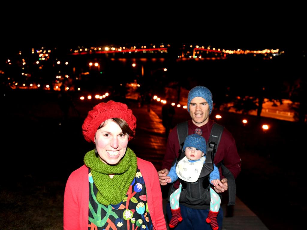 The Dark path opens: Fran Burgess with Kyle Brown and Sebastian Brown, 7 months, all of Lenah Valley, enjoy the path. Picture: FIONA HARDING