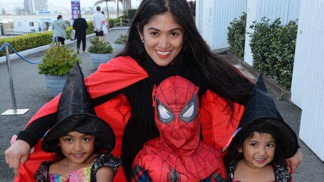 Jacinta Nandan, Lucian Pryor, Aaliyah Nandan, Roselle Nandan (back) at Spooky Nights at Sea World, Main Beach. Picture: Regina King