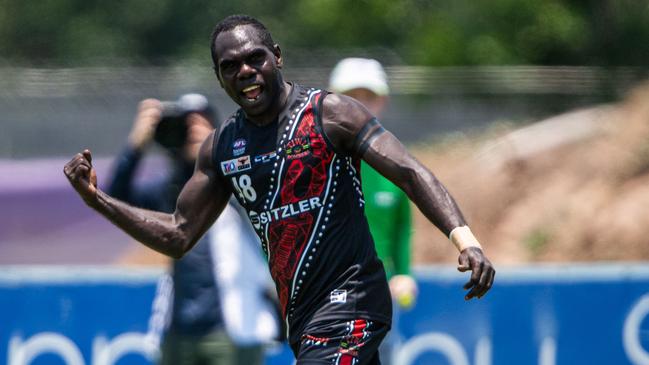 Blake Puruntatameri playing for the Tiwi Bombers against the Darwin Buffaloes in Round 4 of the 2024-25 NTFL season. Picture: Pema Tamang Pakhrin