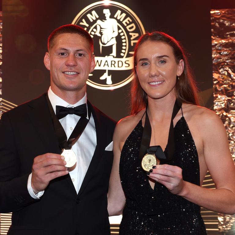 Knights stars Kalyn Ponga and Tamika Upton with their Dally M Medals. Picture: Mark Kolbe/Getty