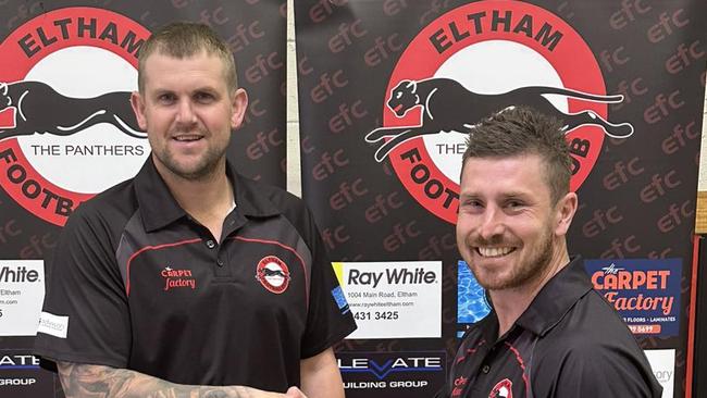 Eltham coach Tim Bongetti with new recruit Jesse Donaldson.