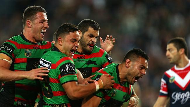 SYDNEY, AUSTRALIA - SEPTEMBER 26: Ben Te'o of the Rabbitohs celebrates his try during the First Preliminary Final match between the South Sydney Rabbitohs and the Sydney Roosters at ANZ Stadium on September 26, 2014 in Sydney, Australia. (Photo by Renee McKay/Getty Images)