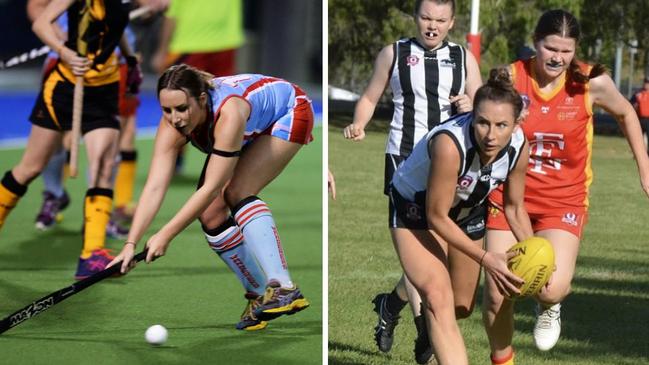 Hayley Richmond playing with Wanderers A1 women's hockey team and Rockhampton Panthers senior women's Aussie rules team.