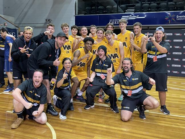 Western Australia's Under-20s side celebrates their gold medal with their Ivor Burge teammates. Picture: Mick Randall