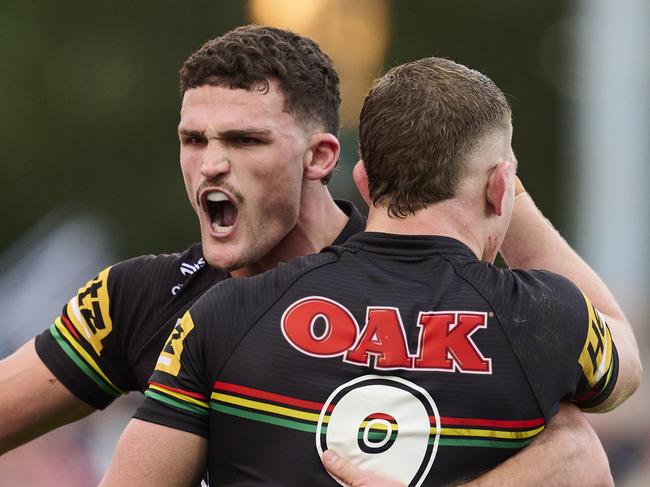 PENRITH, AUSTRALIA - AUGUST 04: Nathan Cleary of the Panthers celebrates scoring a try with team mates during the round 22 NRL match between Penrith Panthers and Newcastle Knights at BlueBet Stadium, on August 04, 2024, in Penrith, Australia. (Photo by Brett Hemmings/Getty Images)