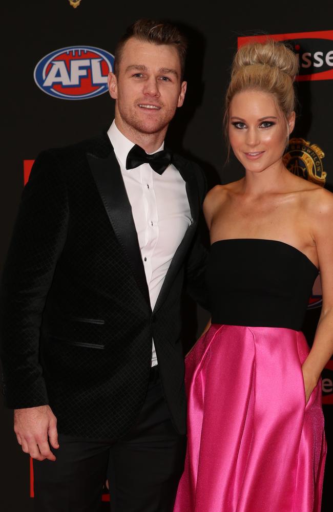Robbie Gray and partner Bel Whiting arrive on the red carpet for the 2015 AFL Brownlow Medal presentation held at Crown Casino on Monday, September 28, 2015, in Melbourne, Victoria, Australia. Picture: Tim Carrafa