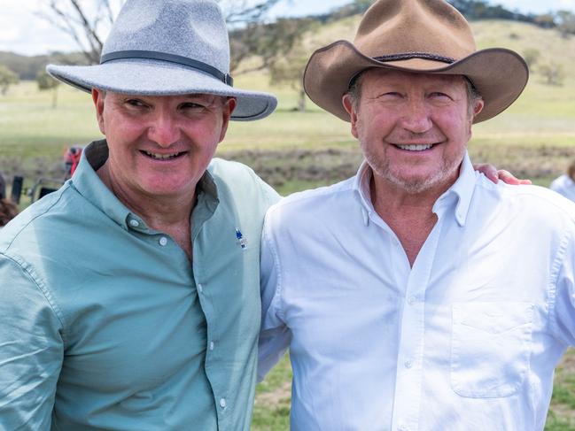 Climate Change and Energy Minister Chris Bowen with Dr Andrew Forrest at Uungula Wind Farm in central west NSW. Picture: Supplied / Squadron Energy