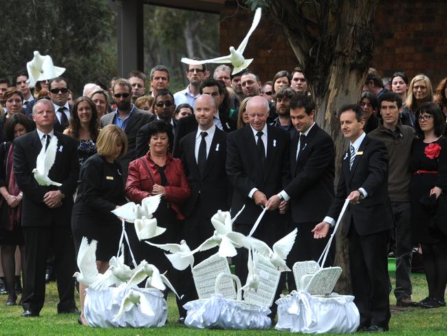 The family of Jill Meagher release white doves following her funeral at Cordell Chapel at Fawkner Memorial Park. Picture: Julian Smith