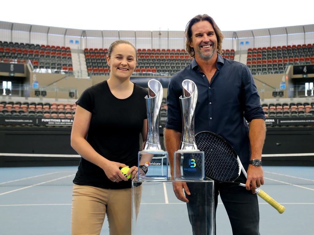 Ash Barty and Pat Rafter celebrate the return of the Brisbane International. Picture: David Clark