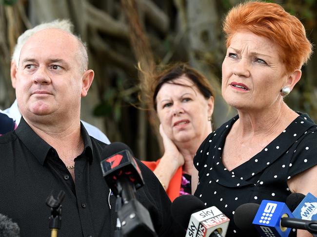 One Nation leader Pauline Hanson (right) looks on as Thuringowa candidate for One Nation Mark Thornton (left) is questioned about postings on his sex shop's facebook page during a press conference in Townsville, Friday, Novovember 10, 2017. Hanson is conducting a regional tour of the state as part of the Queensland election campaign, speaking to residents about the major issues for them leading into the election. (AAP Image/Dave Hunt) NO ARCHIVING