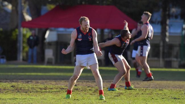 Michael Baker (front) celebrates during a game in 2017. Baker was one of Pooraka’s best in their win against Eastern Park on Saturday. Picture: Morgan Sette