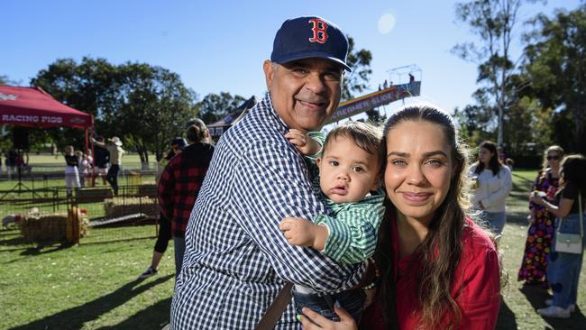 At Sadie's Day Out are Stirling Armstrong with grandad Jason Moore and mum Jessica Evelyn. The event, a special celebration of the life of five-year-old crash victim Sadie, was held at Cambooya State School, Saturday, June 7, 2025. Picture: Kevin Farmer
