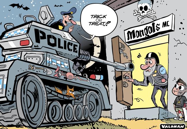 Cartoonist Jos Valdman’s take on the police taking down the Mongols’ clubroom, October 31 2013.