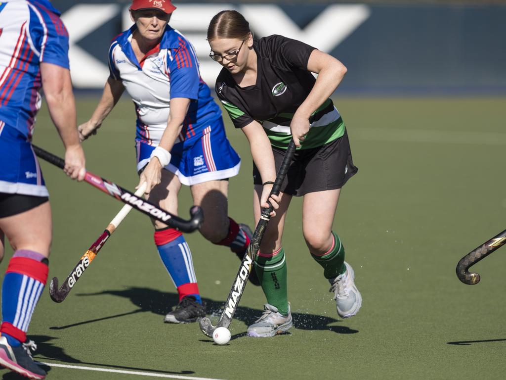 Kaitlyn Macey on the move for Norths against Rangeville in A4 women Presidents Cup hockey at Clyde Park, Saturday, May 27, 2023. Picture: Kevin Farmer