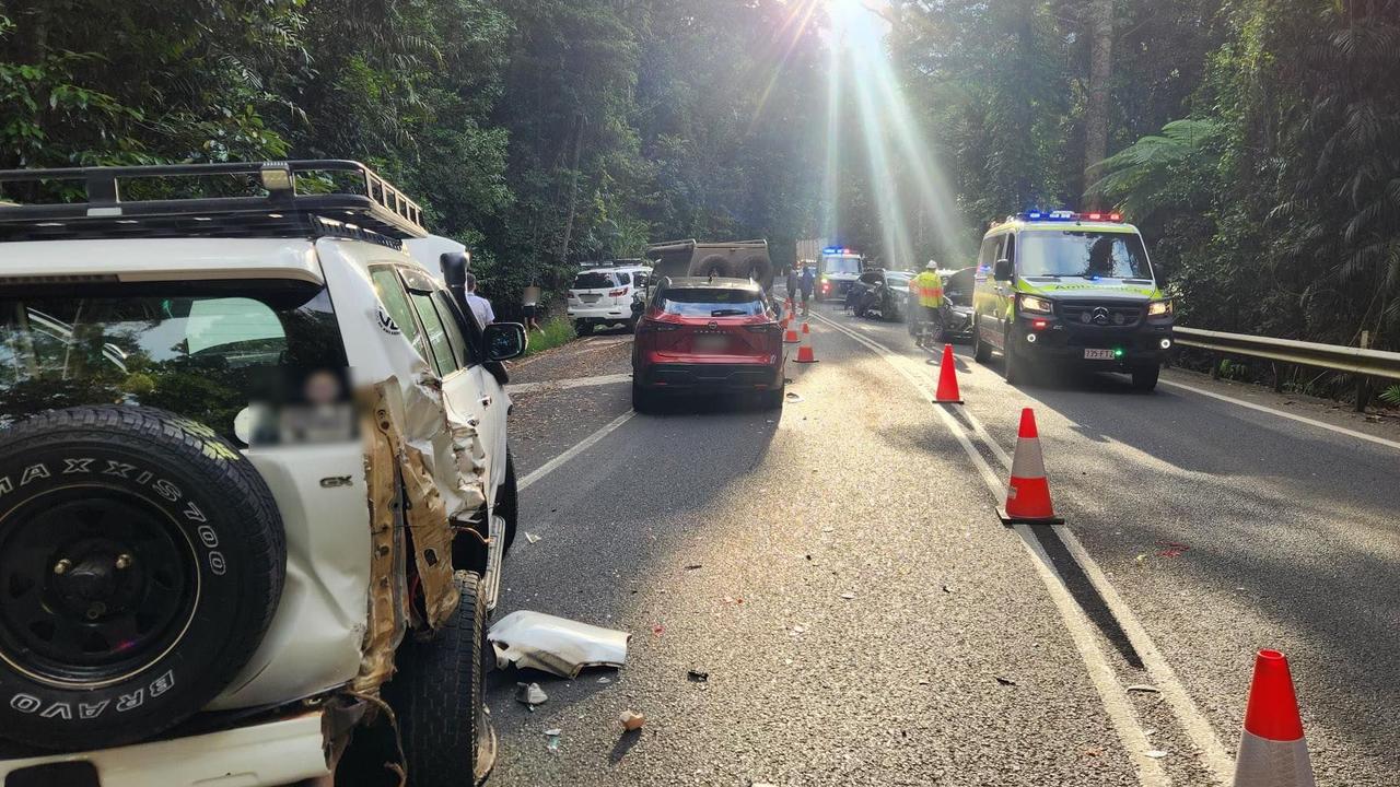 A truck coming down the Kuranda Range road has crashed into ten stationary vehicles stopped at road works near Rainforestation. Picture: Queensland Ambulance Service