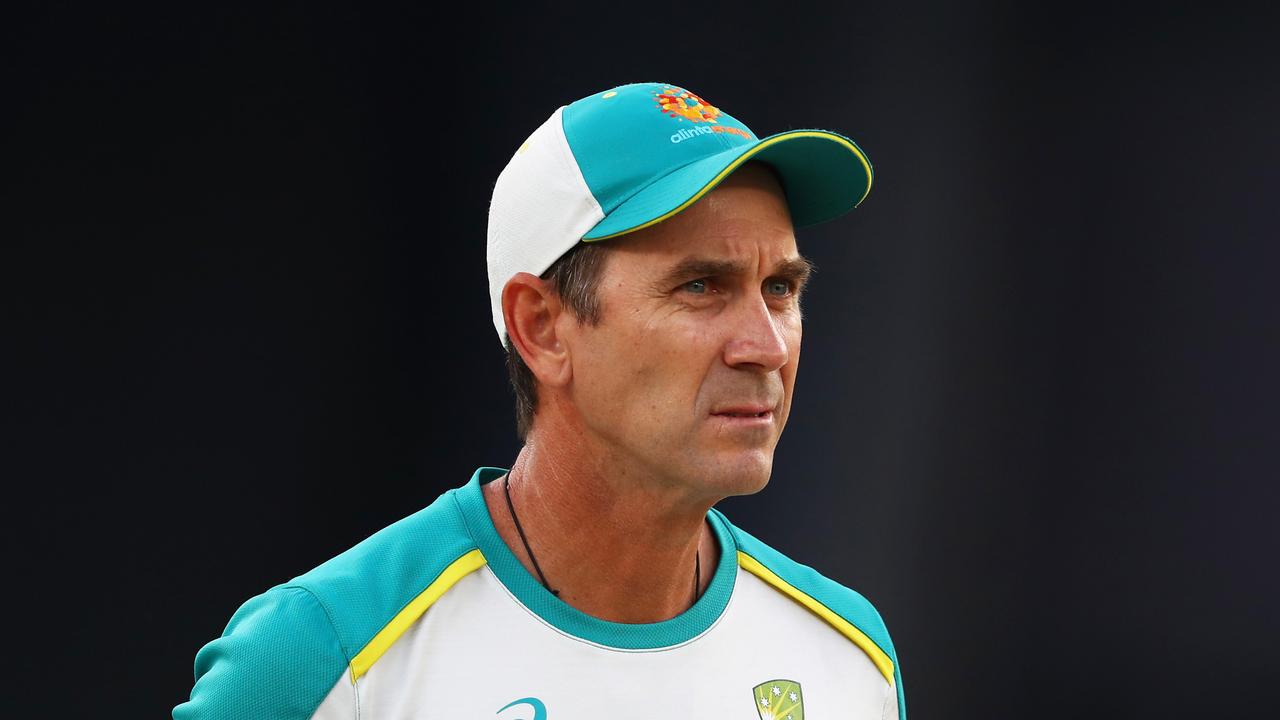 DUBAI, UNITED ARAB EMIRATES - NOVEMBER 14: Australia cricket cricket coach Justin Langer looks on prior to during the ICC Men's T20 World Cup final match between New Zealand and Australia at Dubai International Stadium on November 14, 2021 in Dubai, United Arab Emirates. (Photo by Matthew Lewis-ICC/ICC via Getty Images)