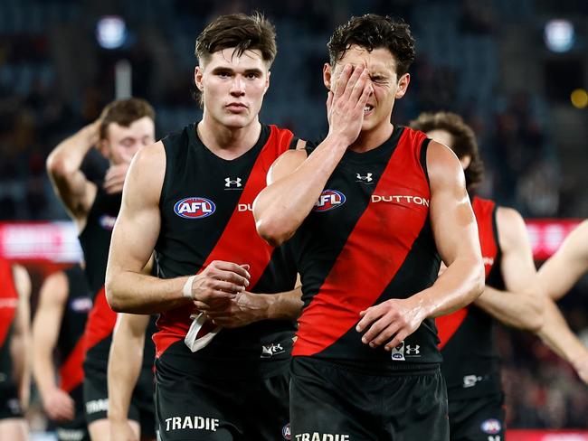 MELBOURNE, AUSTRALIA - JULY 27: Jye Caldwell of the Bombers looks dejected after a loss during the 2024 AFL Round 20 match between the St Kilda Saints and the Essendon Bombers at Marvel Stadium on July 27, 2024 in Melbourne, Australia. (Photo by Michael Willson/AFL Photos via Getty Images)