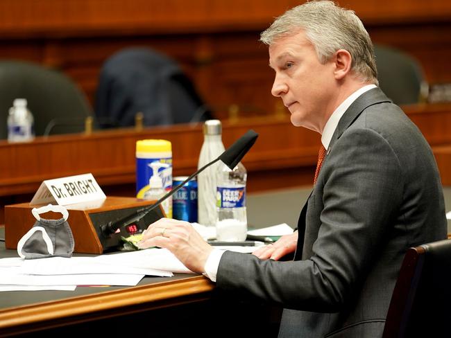 Dr. Richard Bright, former director of the Biomedical Advanced Research and Development Authority, testifies during a hearing to discuss protecting scientific integrity in response to the coronavirus outbreak. Picture: AFP