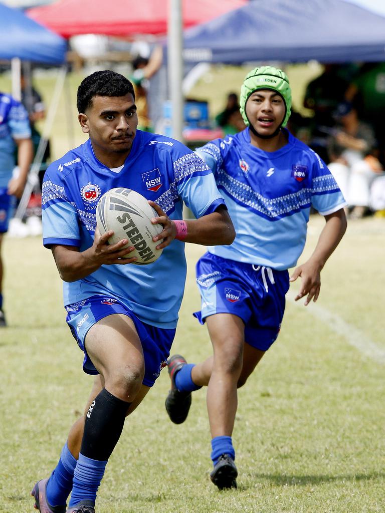 Consay Siloi from Samoa White. Under 16 Boys Maori Pango v Samoa white. Harmony Nines Rugby League. Picture: John Appleyard