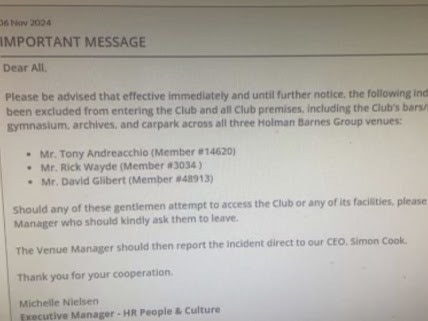 Email listing Wests Tigers board members banned from Holman Barnes-operated venues.