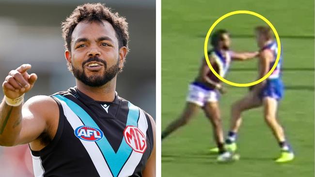 Willie Rioli was in trouble with the AFL Match Review Officer. Photo: Fox Footy and Michael Klein.
