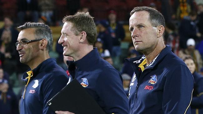 Don Pyke, right, and his coaching team Scott Camporeale and Brett Burton enjoy a win earlier this season. Picture: SARAH REED