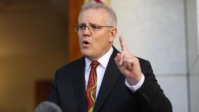 Asked if he would present legislation on the voice in this term of parliament, Scott Morrison said: “We will just continue to take the next step and the next step and the next step.” Picture: Gary Ramage