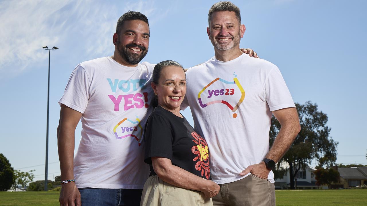 Yes23 Director Dean Parkin, with Linda Burney and South Australian Aboriginal Affairs Minister Kyam Maher in Clearview, Sunday, Oct. 8, 2023. Picture: Matt Loxton