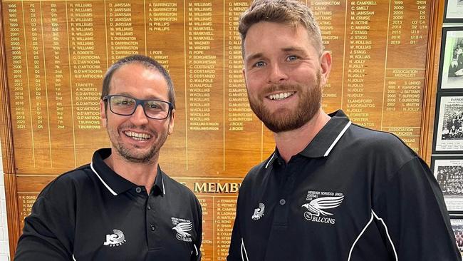 Payneham Norwood Union recruit Brad McKenzie (right) and Falcons coach Jeremy Cini are looking for a strong finish to the 2022 season. Picture: Payneham Norwood Union Football Club