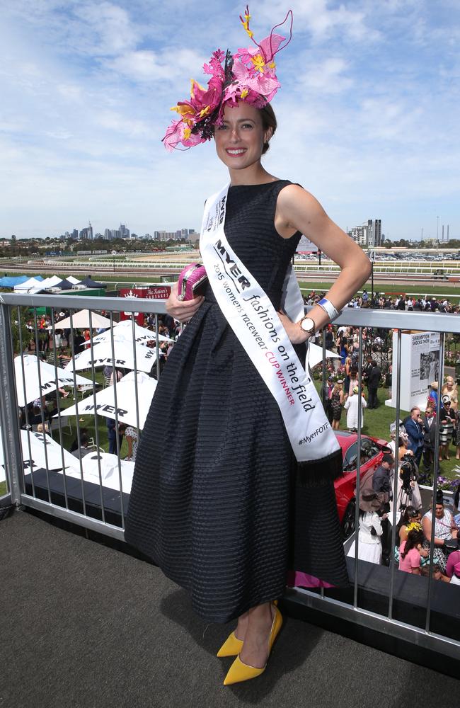 Emily Hunter was after a simple dress to compliment her hat. Picture: AAP Image/David Crosling.