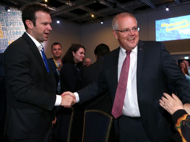 Senator Matt Canavan (left) welcomes Prime Minister Scott Morrison to the LNP annual convention in Brisbane today. Picture: Jono Searle/AAP