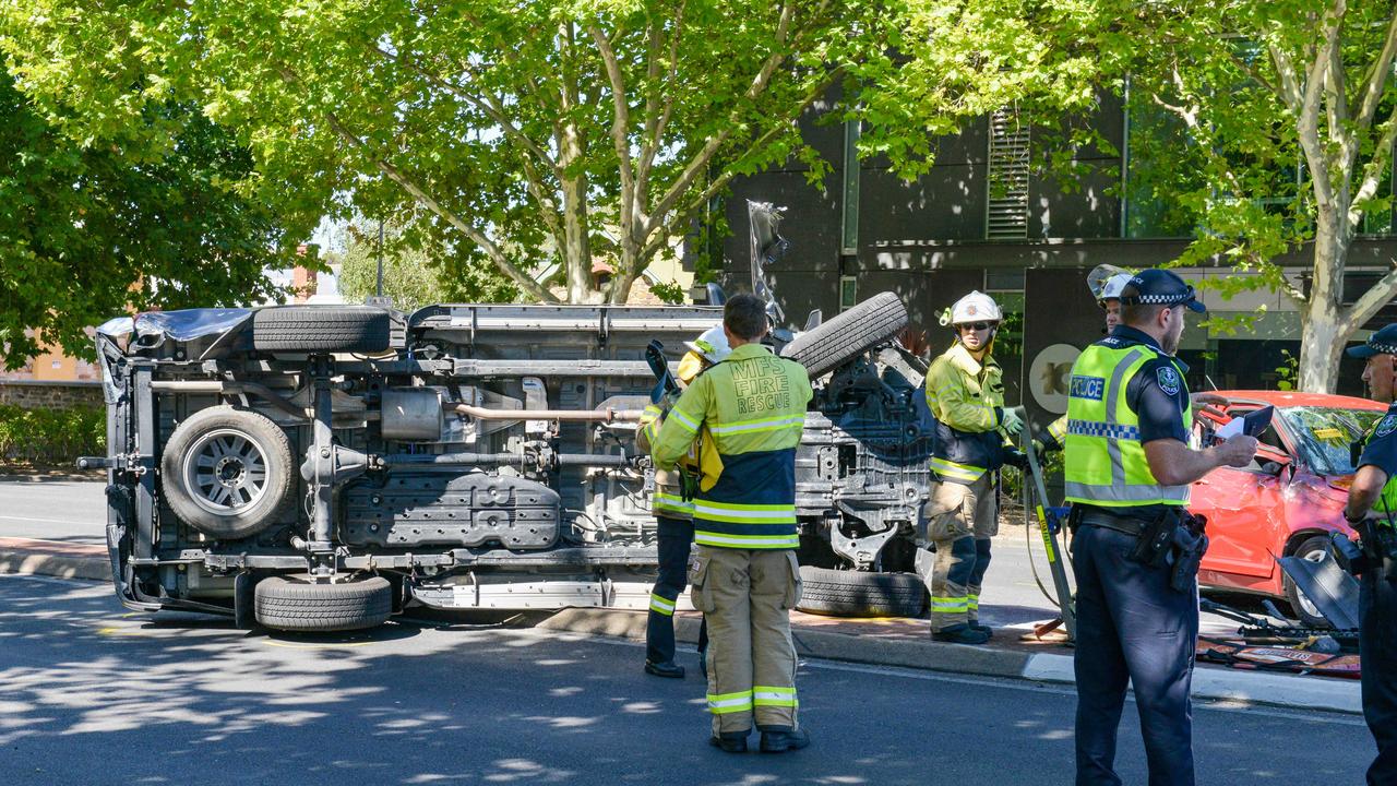 The Toyota Hilux rolled onto its side during the incident. Picture: Brenton Edwards