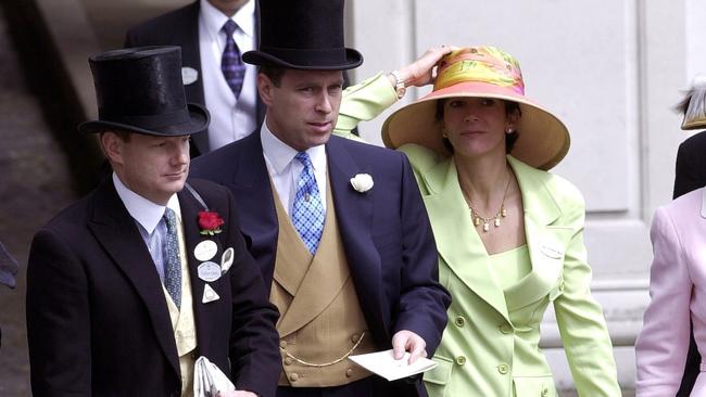 Prince Andrew, centre, and Ghislaine Maxwell at Ascot. At left is Edward Stanley, Earl of Derby. Picture: Getty Images