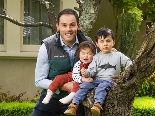 Joseph van Dyk, with children Louis and Frances, runs a property business in Ballarat. Picture: Rob Leeson