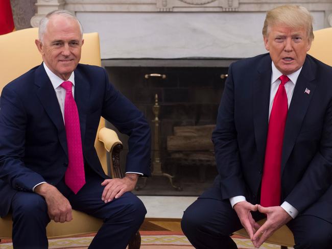 Malcolm Turnbull and Donald Trump speak to reporters briefly inside the Oval Office. Picture: AFP/Saul Loeb