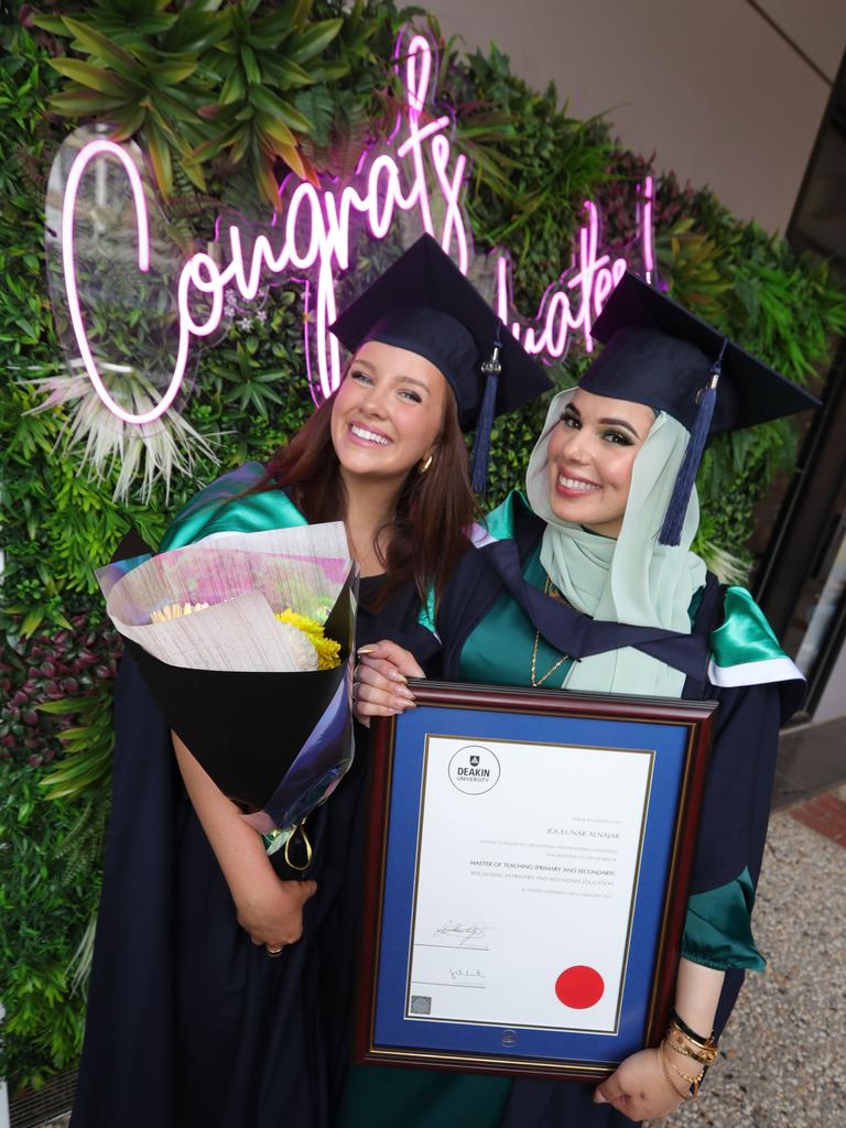 Graduates Isabelle Buhagiar and Joulunar Alnajar. Picture: Mark Wilson