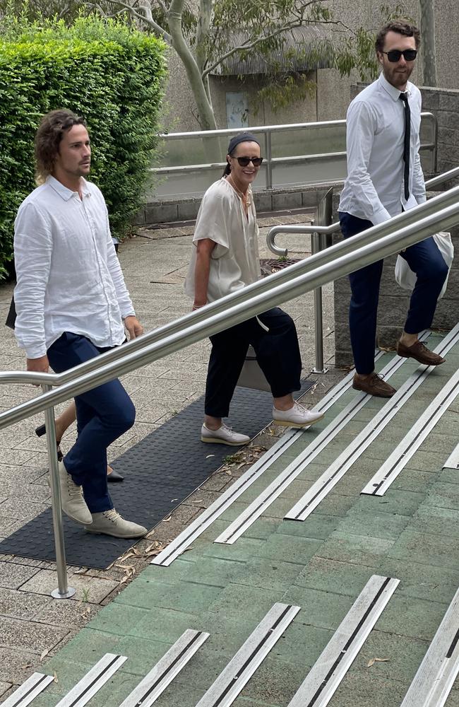 NRL star Nicho Hynes (left) and his brother Wade accompany their mum Julie to court on Wednesday. Picture: Fiona Killman