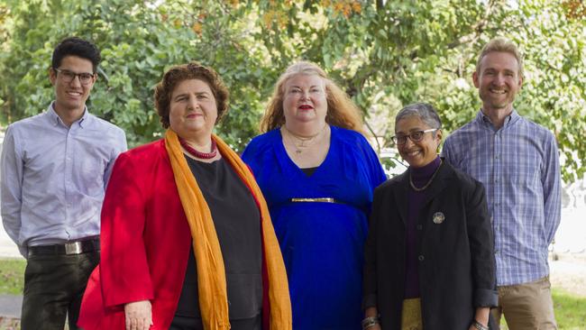 Inner West Greens Tom Kiat, Rochelle Porteous, Marghanita da Cruz, Colin Hesse, including councillor and slam poet Louise Steer (middle) who is opposed to nuclear-powered submarines entering Sydney Harbour.