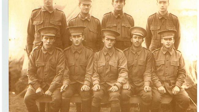 WE WILL REMEMBER THEM: Gunner Arthur Ernest Maher, DCM, MM and bar.(front row second from left) joined up on 19.1.1915 aged 24. Many of his comrades-in-arms in this photo are believed to have been killed on the Western Front. Picture: Supplied