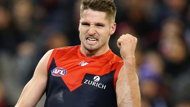 AFL Round 17. 14/07/2018. Melbourne vs Western Bulldogs at the MCG. Melbourne's Jesse Hogan celebrates his goal in the third quarter . Pic: Michael Klein