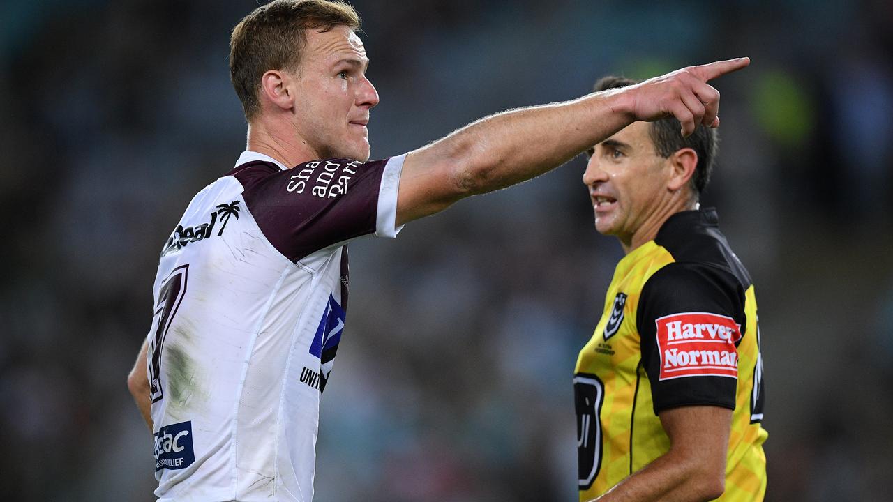 Daly Cherry-Evans pleads with referee Gerard Sutton after Jake Trbojevic was sent to the sin bin.