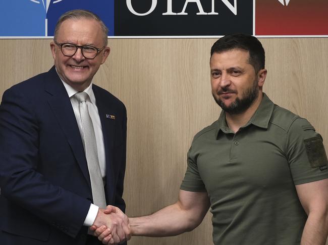 12-07-2023 - Prime Minister Anthony Albanese meets with President of Ukraine, Volodymyr Zelensky at the NATO Summit in Vilnius, Lithuania. Picture: Jacquelin Magnay / The Australian