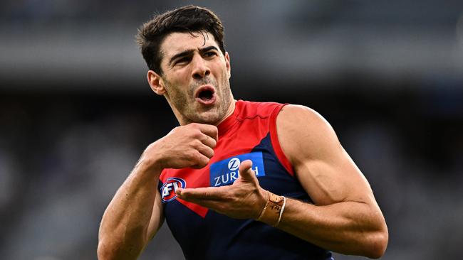 PERTH - APRIL 09: Christian Petracca of the Demons responds to the crowd after kicking a goal during the 2023 AFL Round 04 match between the West Coast Eagles and the Melbourne Demons at Optus Stadium on April 9, 2023 in Perth, Australia. (Photo by Daniel Carson/AFL Photos via Getty Images)