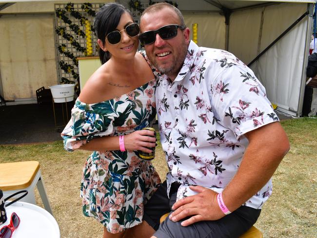 Amy Hicks and Kalem Knight enjoying all the action at the Ladbrokes Cranbourne Cup on Saturday, November 23, 2024. Picture: Jack Colantuono