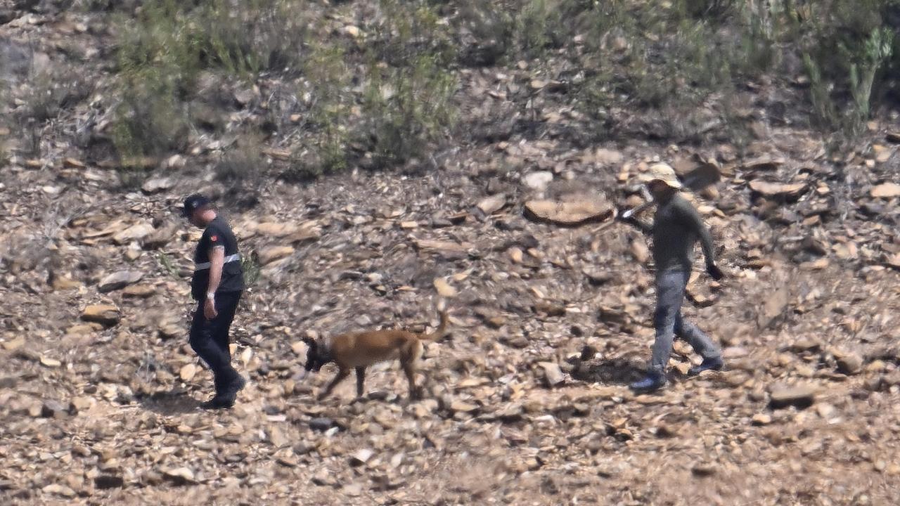 German and Portuguese Judiciary police members, seen through heat haze, walk with a sniffer dog to the search area by the waterline for remains of Madeleine McCann at Arade reservoir at Barragem do Arade Reservoir. Picture: Horacio Villalobos/Getty Images