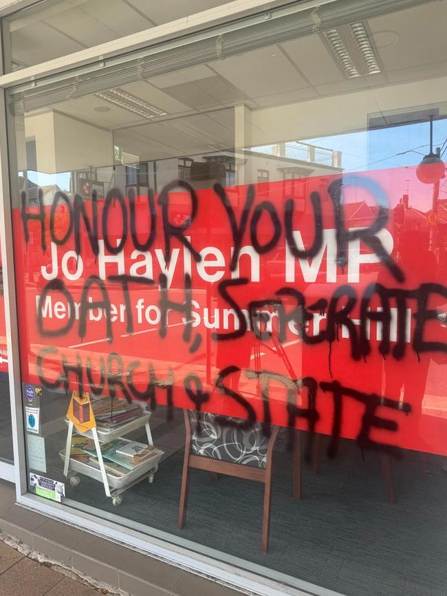 NSW Transport Minister Jo Haylens office has been targeted in a graffiti attack in Marrickville today. Pic Supplied.